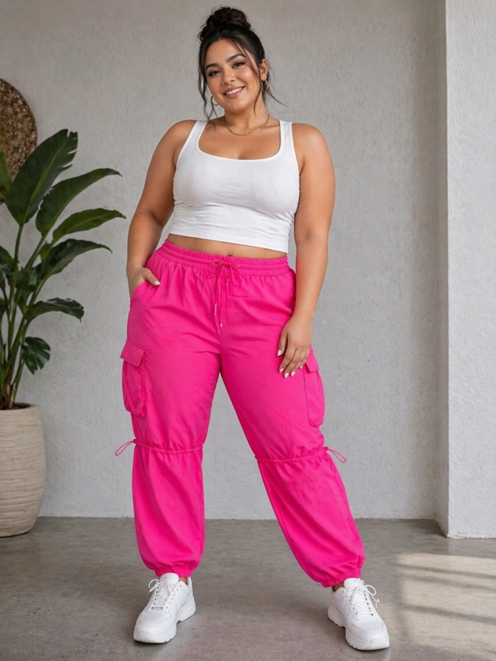 Dlooda Cargo Jogger Pants Hot Pink XL High Waist Casual Streetwear